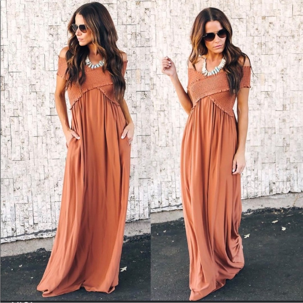 Flawless Terracotta Off-Shoulder Crisscross Maxi Dress Size Small - Picture 2 of 7